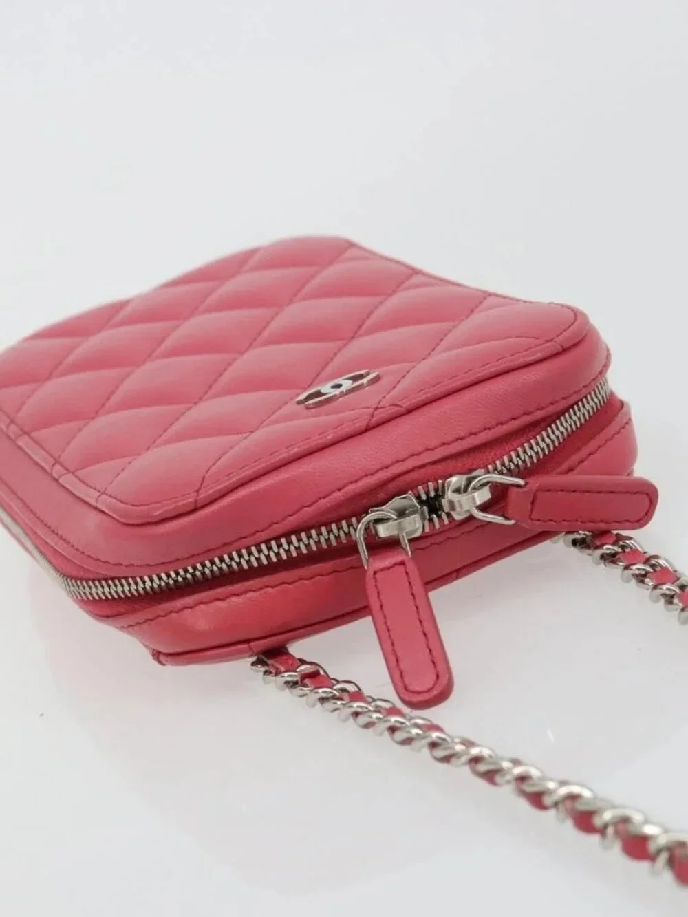 CHANEL Phone Pouch Lamb Skin Pink Silver CC Auth ka4502M
